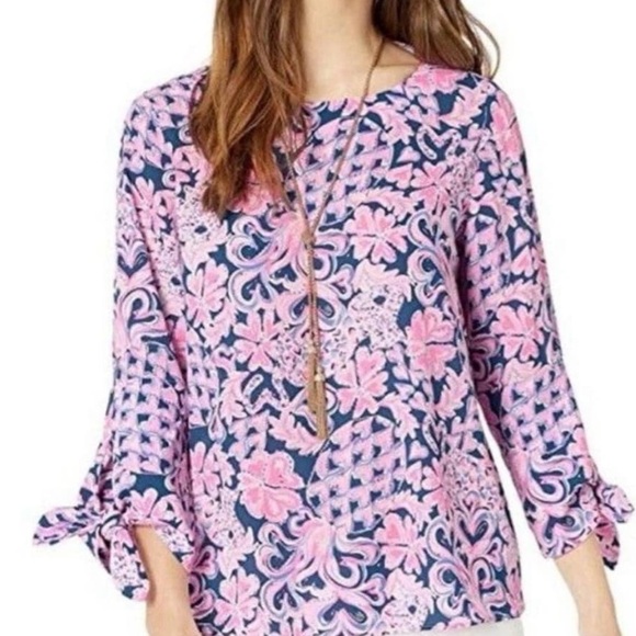 Lilly Pulitzer Pink and Blue Graphic Tie Front Blouse - Picture 1 of 6